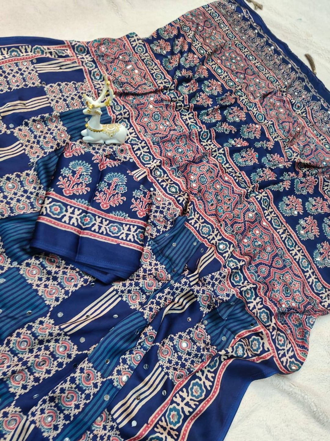 Peachmode Blue Semi Gajji Ajrakh Mirror Work Silk Saree - Image 8