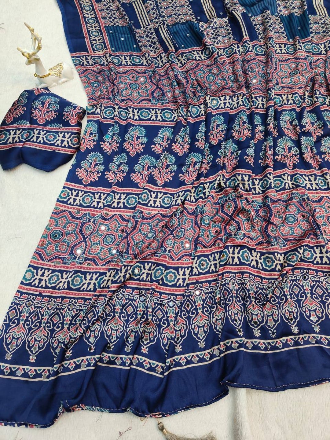 Peachmode Blue Semi Gajji Ajrakh Mirror Work Silk Saree - Image 10