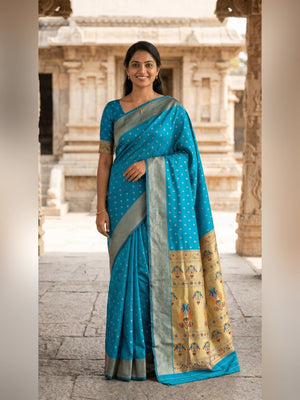 Peachmode Turquoise Paithani Silk Zari Meenakari Saree - Image 1