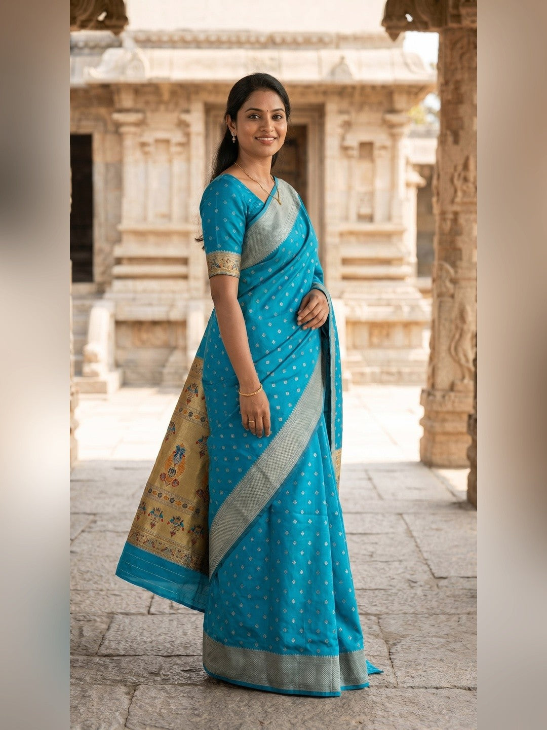 Peachmode Turquoise Paithani Silk Zari Meenakari Saree - Image 2