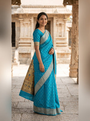 Peachmode Turquoise Paithani Silk Zari Meenakari Saree - Image 2