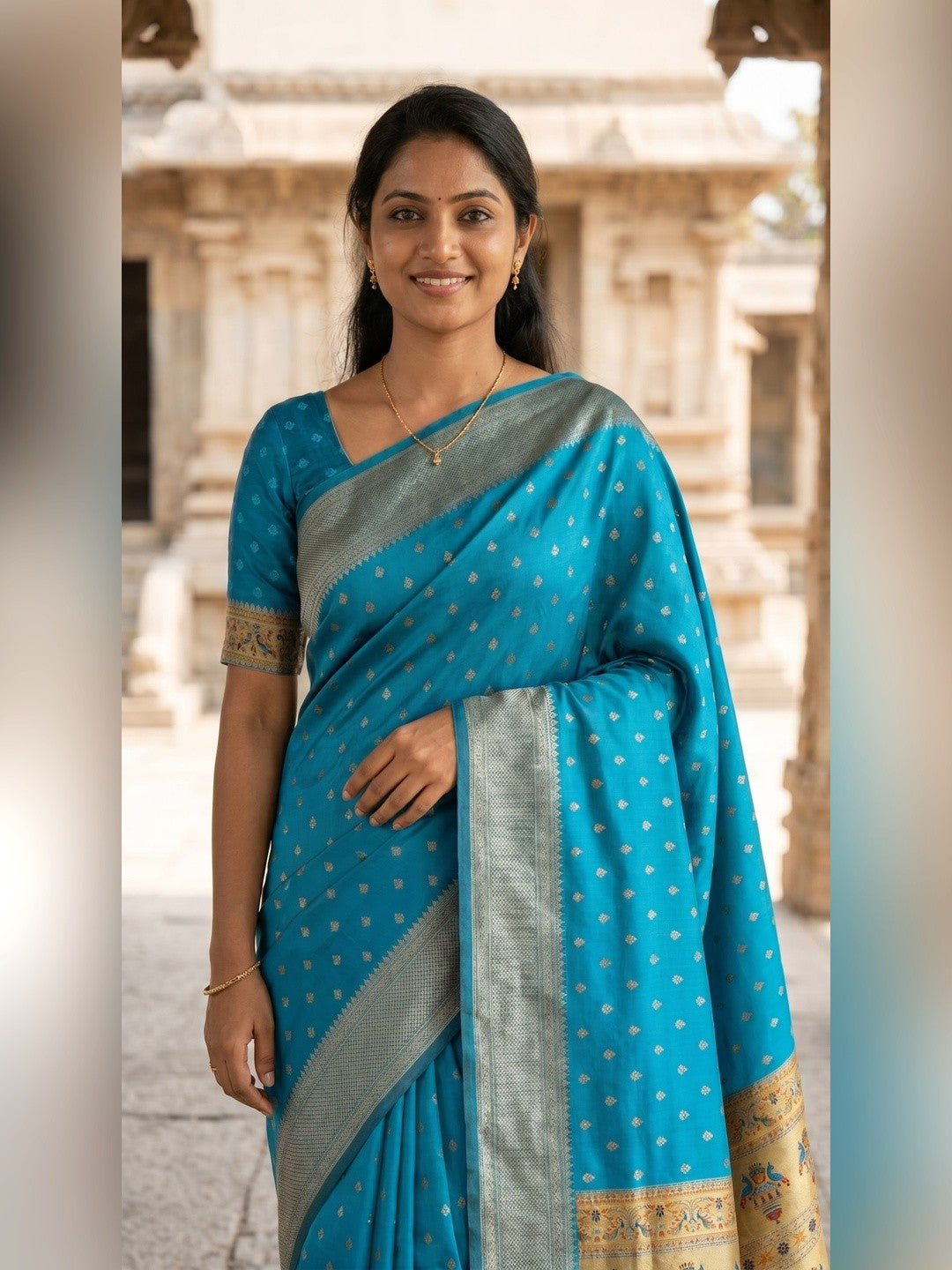 Peachmode Turquoise Paithani Silk Zari Meenakari Saree - Image 3