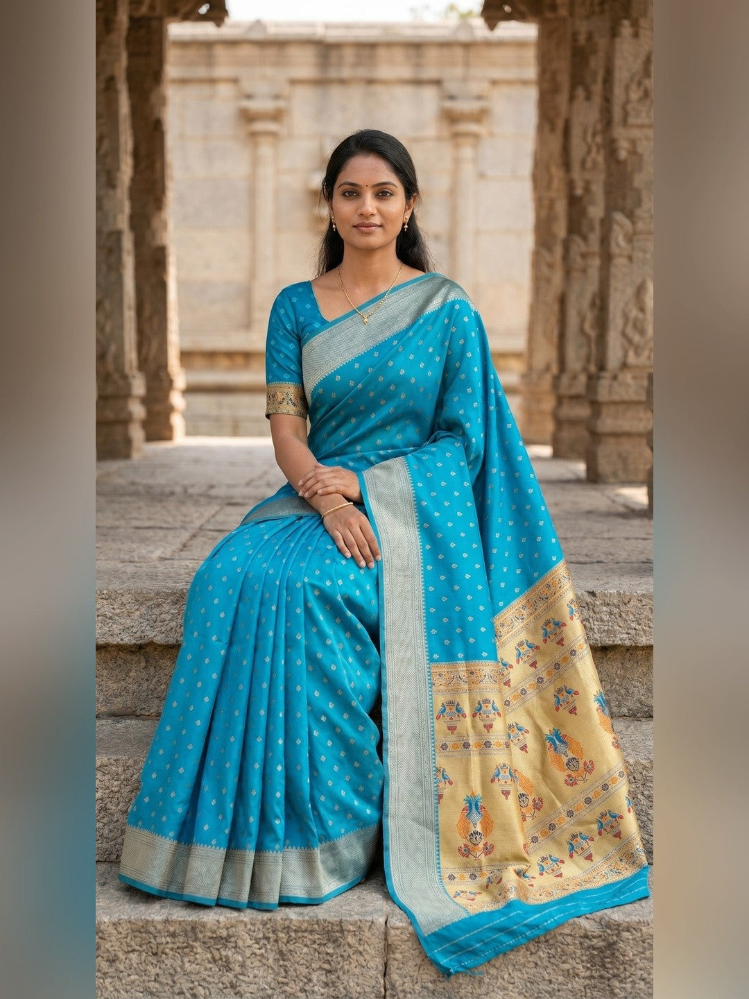 Peachmode Turquoise Paithani Silk Zari Meenakari Saree - Image 4