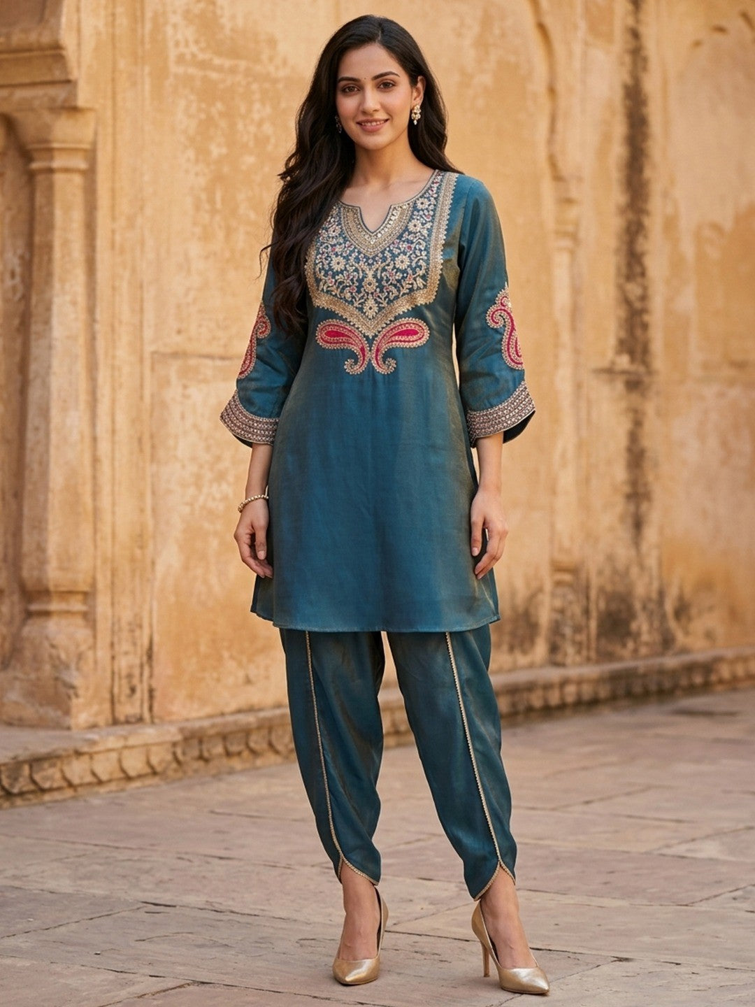Elegant Blue Viscose Embroidered Kurta with Dhoti Bottom Set - Image 1