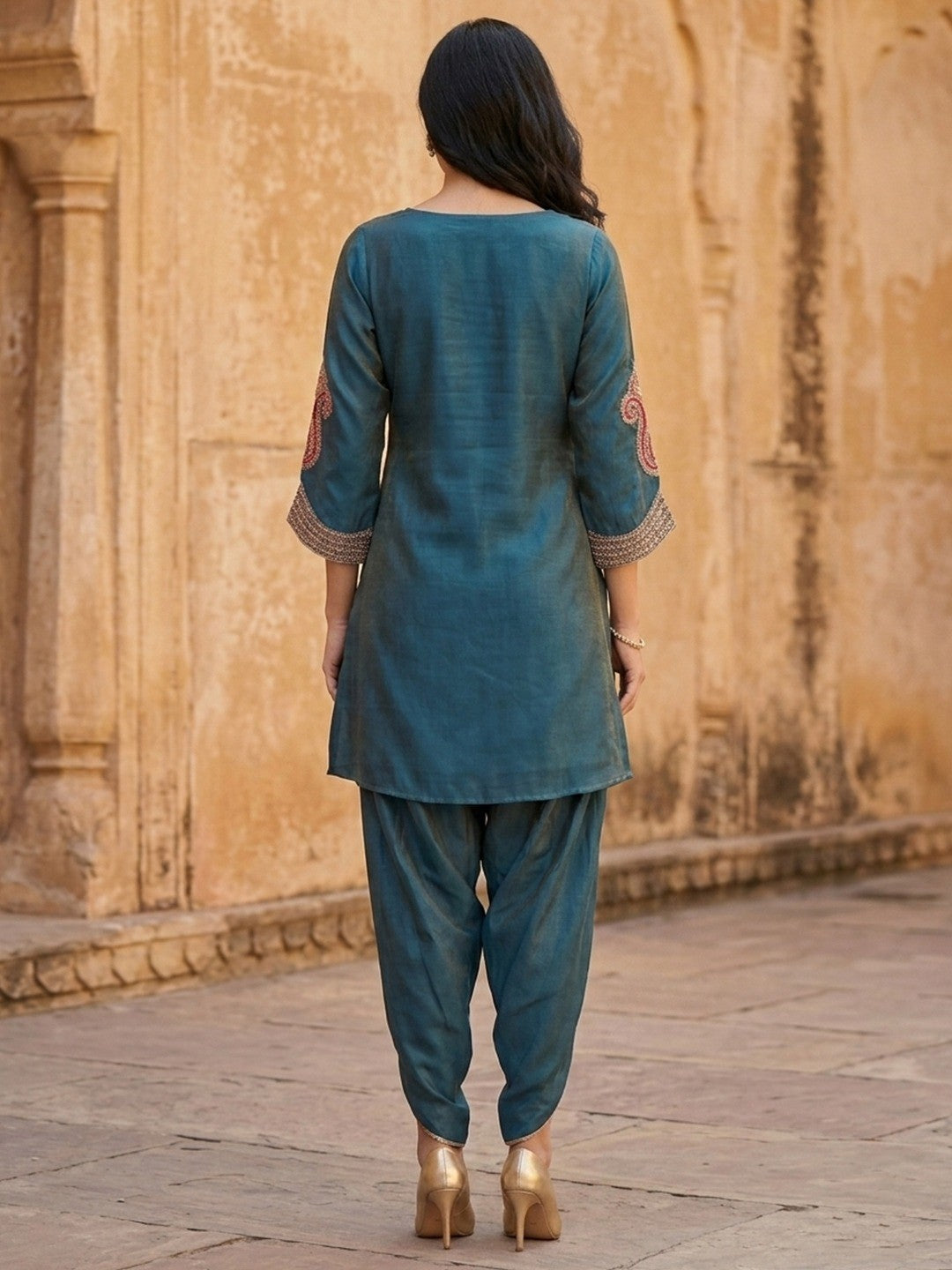 Elegant Blue Viscose Embroidered Kurta with Dhoti Bottom Set - Image 3