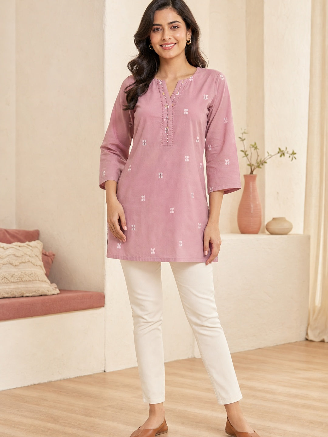 Pink Pure Cotton Embroidered Short Top - Image 1