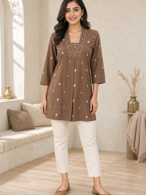 Brown Rayon Embroidered Short Top - Image 2