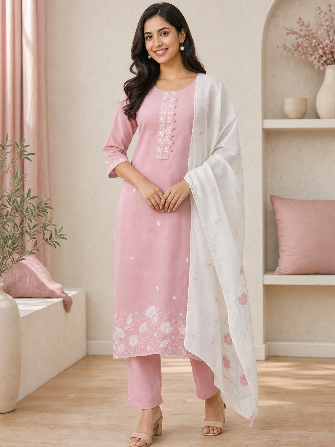 Pink Chanderi Embroidered Salwar Suit Set - Image 1