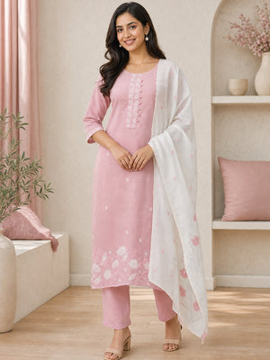 Pink Chanderi Embroidered Salwar Suit Set - Image 1