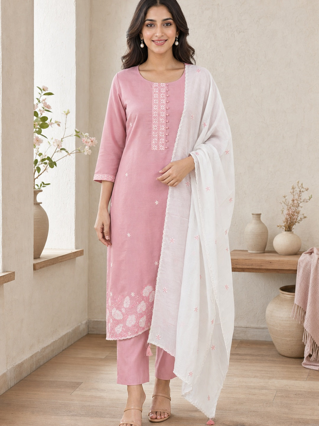 Pink Chanderi Embroidered Salwar Suit Set - Image 2