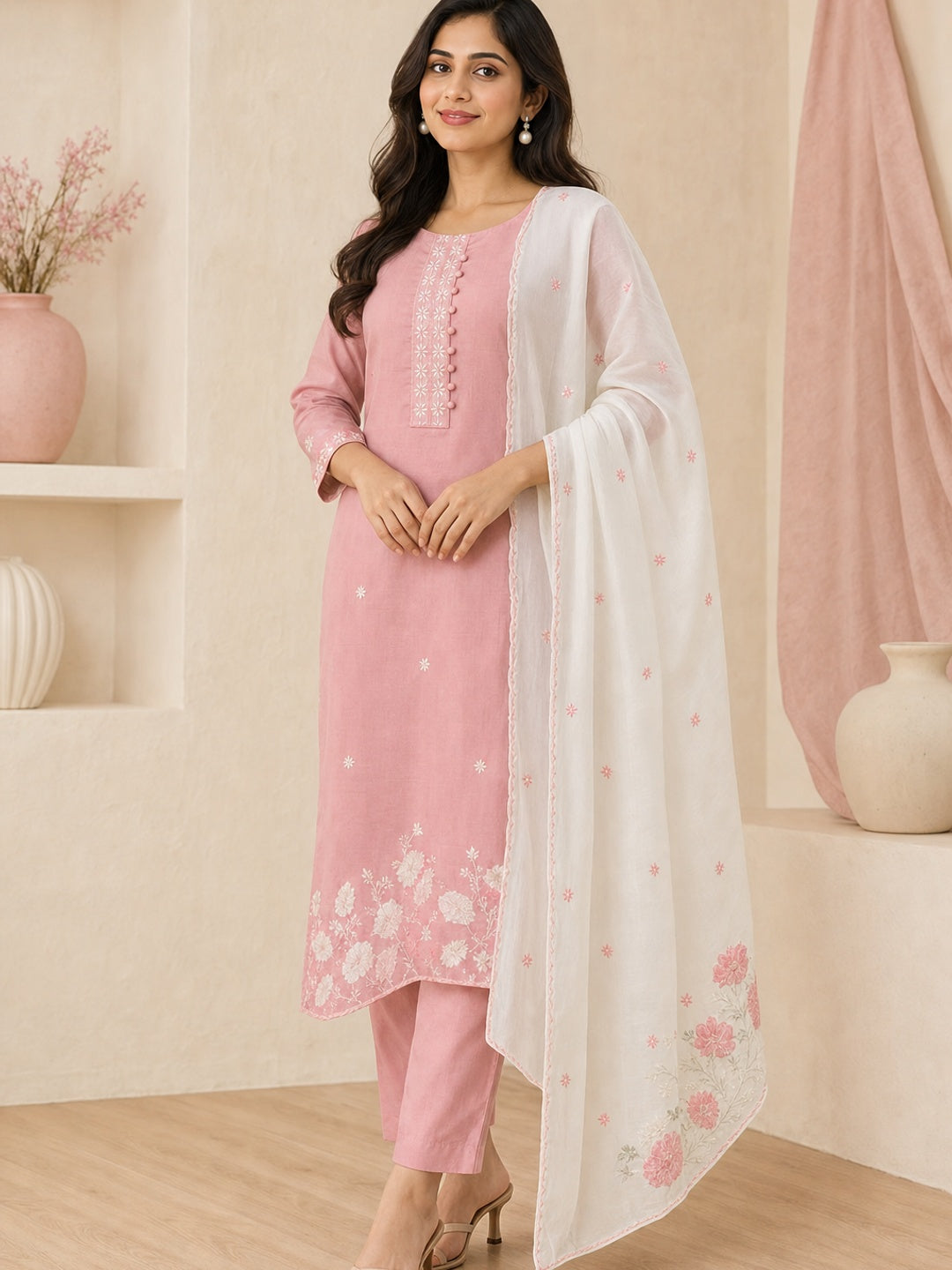 Pink Chanderi Embroidered Salwar Suit Set - Image 3