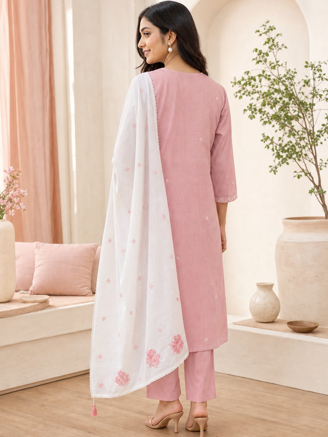 Pink Chanderi Embroidered Salwar Suit Set - Image 4