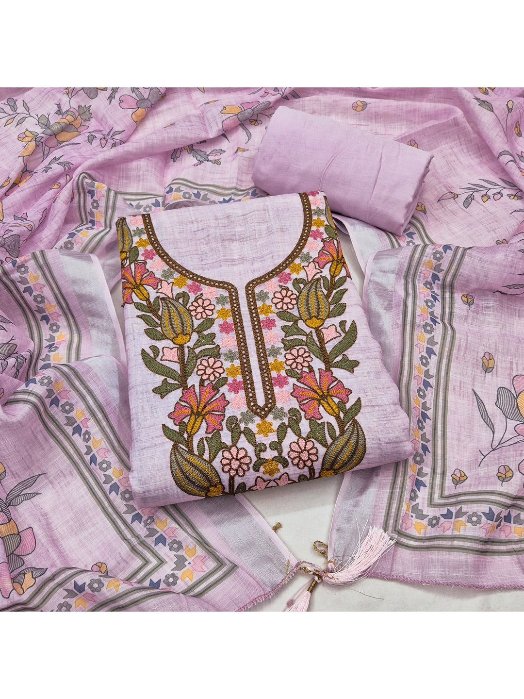 Peachmode Pink Linen Dress Material with Floral - Image 2