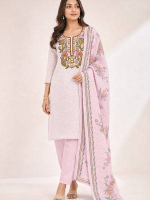 Peachmode Pink Linen Dress Material with Floral - Image 1