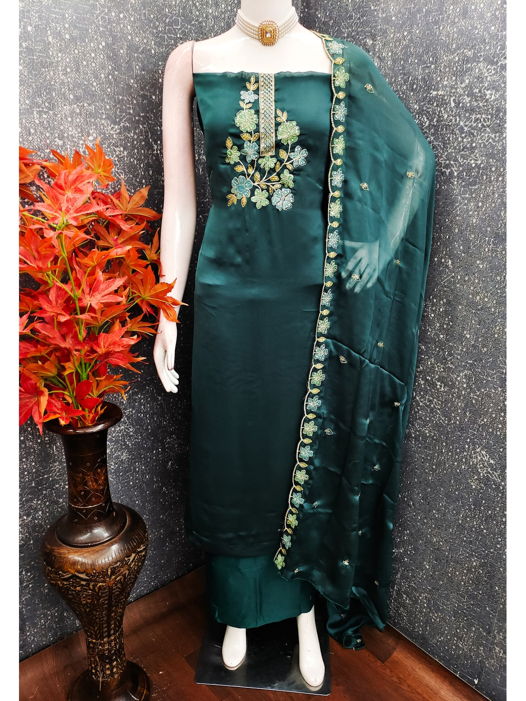 Peachmode Teal Satin Dress Material with Floral Embroidery - Image 3