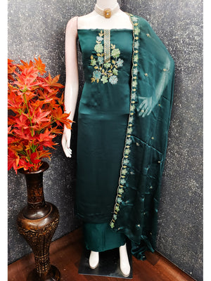 Peachmode Teal Satin Dress Material with Floral Embroidery - Image 2
