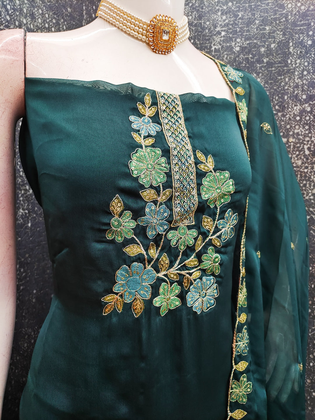 Peachmode Teal Satin Dress Material with Floral Embroidery - Image 4