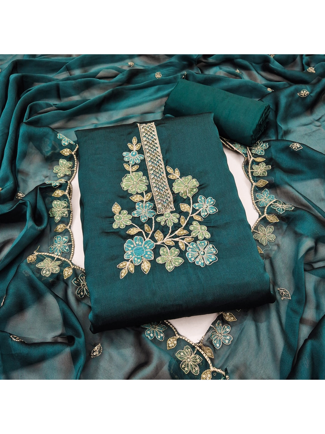 Peachmode Teal Satin Dress Material with Floral Embroidery - Image 1