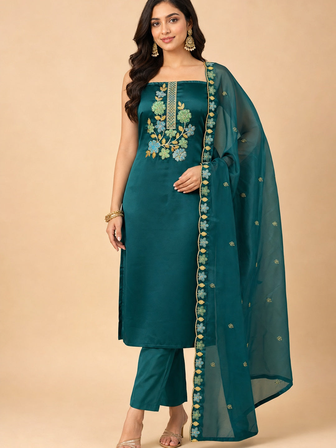 Peachmode Teal Satin Dress Material with Floral Embroidery - Image 2