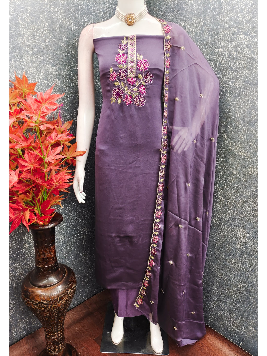 Peachmode Purple Satin Dress Material with Floral Embroidery - Image 2