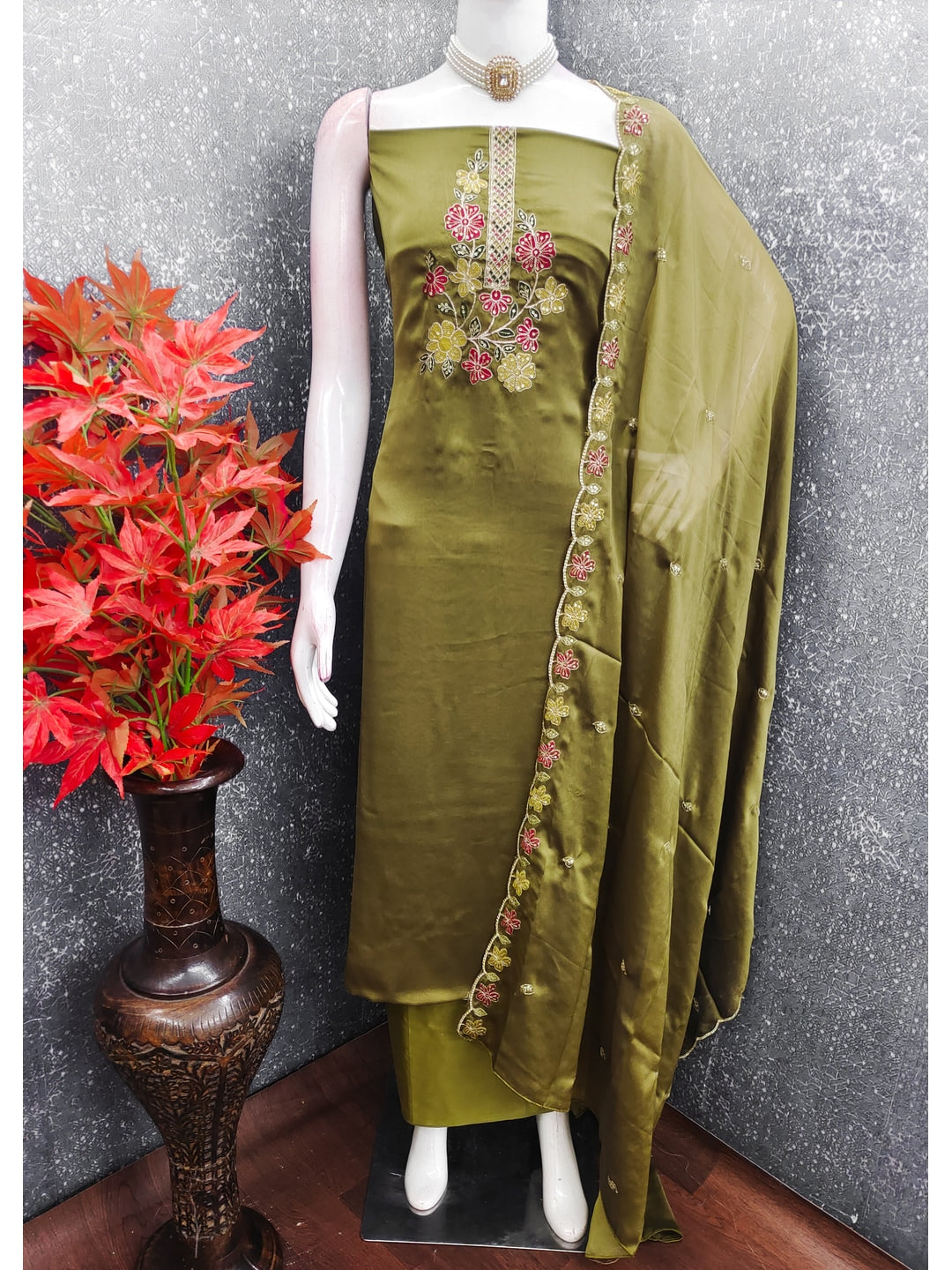 Peachmode Olive Satin Dress Material with Floral Embroidery - Image 2