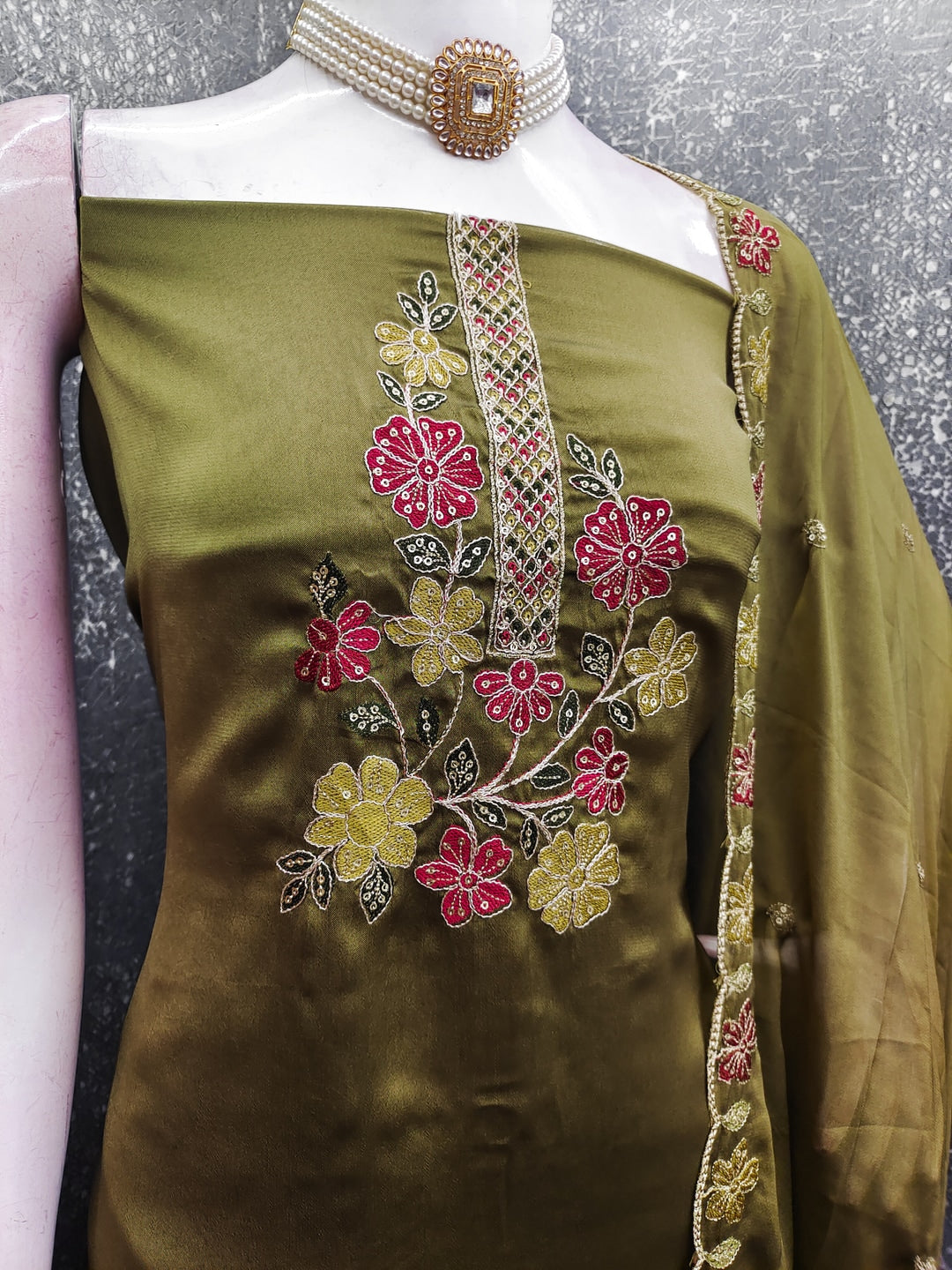 Peachmode Olive Satin Dress Material with Floral Embroidery - Image 3