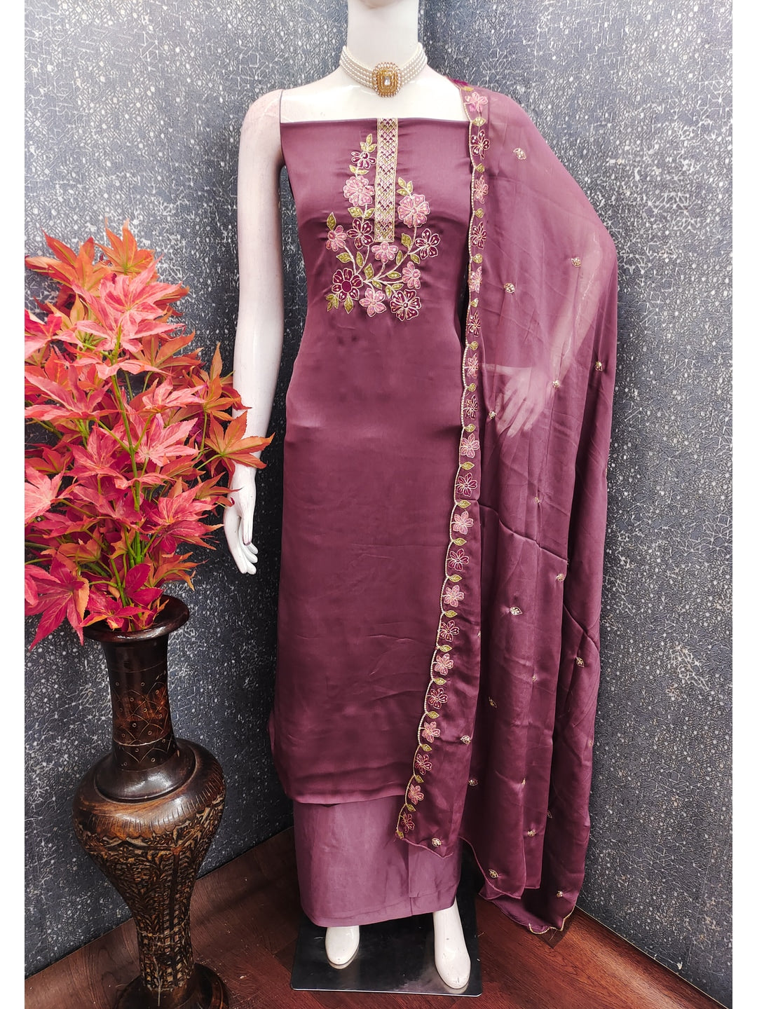 Peachmode Mauve Satin Dress Material with Floral Embroidery - Image 3
