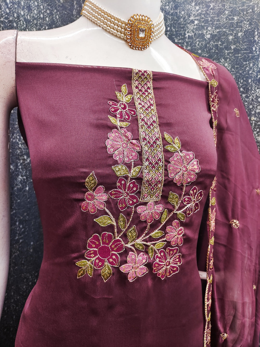 Peachmode Mauve Satin Dress Material with Floral Embroidery - Image 4