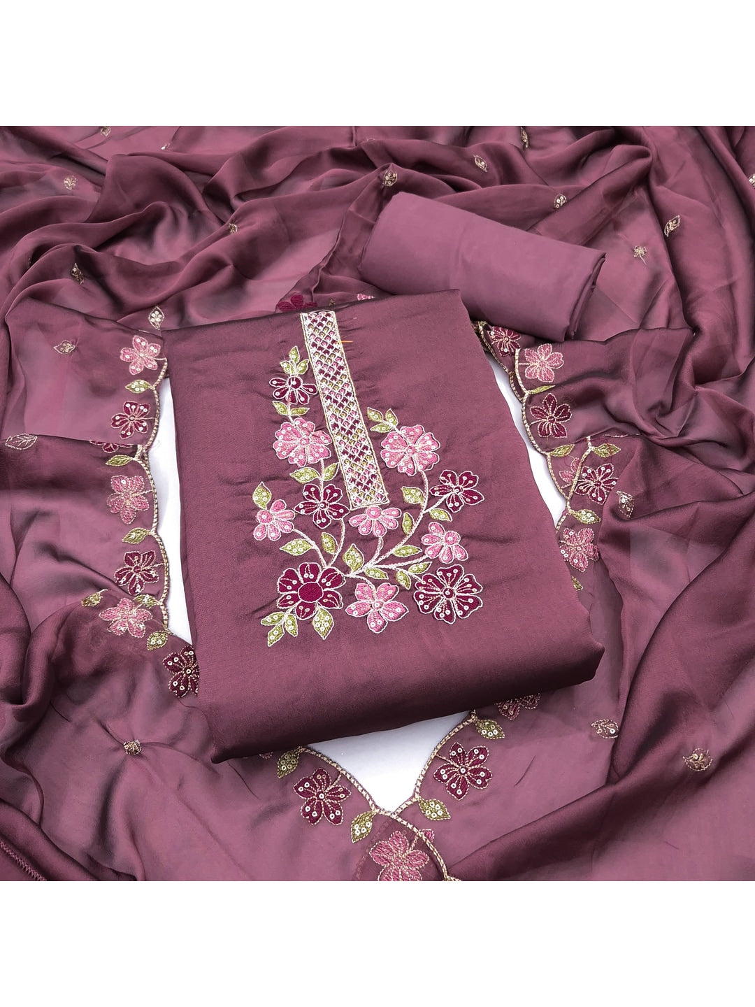 Peachmode Mauve Satin Dress Material with Floral Embroidery - Image 1
