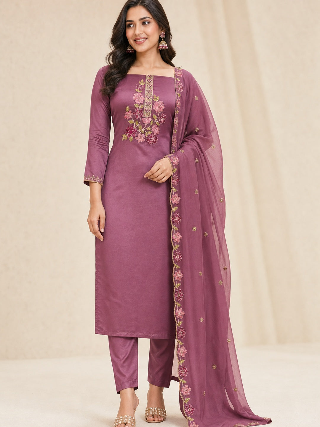 Peachmode Mauve Satin Dress Material with Floral Embroidery - Image 2