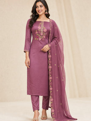 Peachmode Mauve Satin Dress Material with Floral Embroidery - Image 1