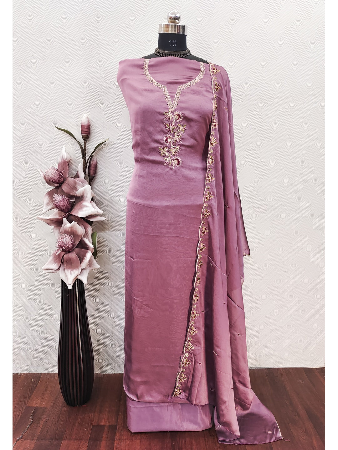 Peachmode Pink Satin Dress Material with Floral Embroidery - Image 2