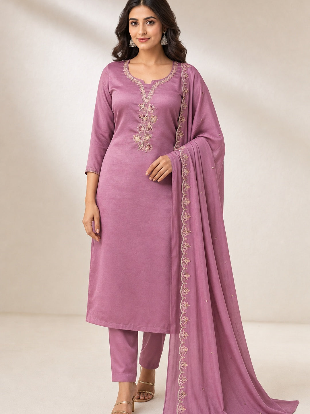 Peachmode Pink Satin Dress Material with Floral Embroidery - Image 1