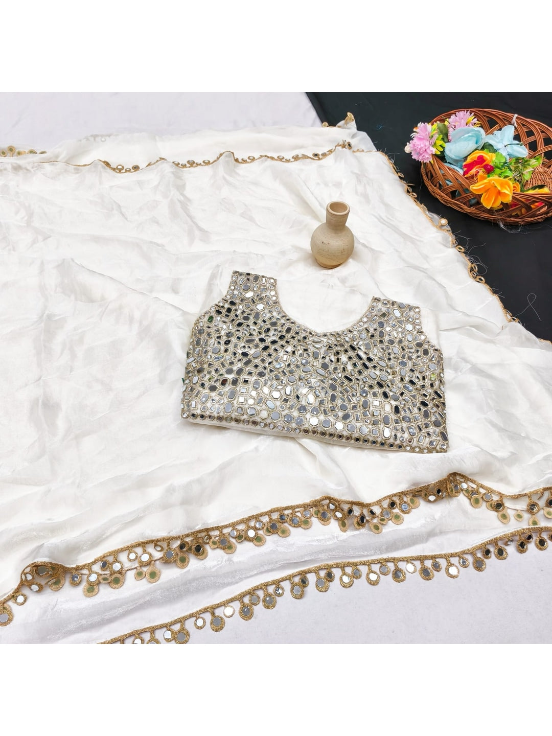 Peachmode Off White Fandy Satin Saree with Mirror Work Blouse - Image 2