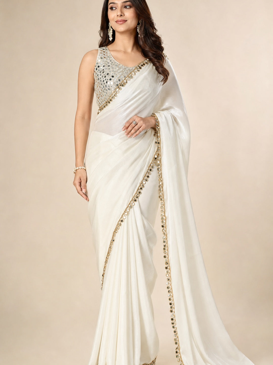 Peachmode Off White Fandy Satin Saree with Mirror Work Blouse - Image 1