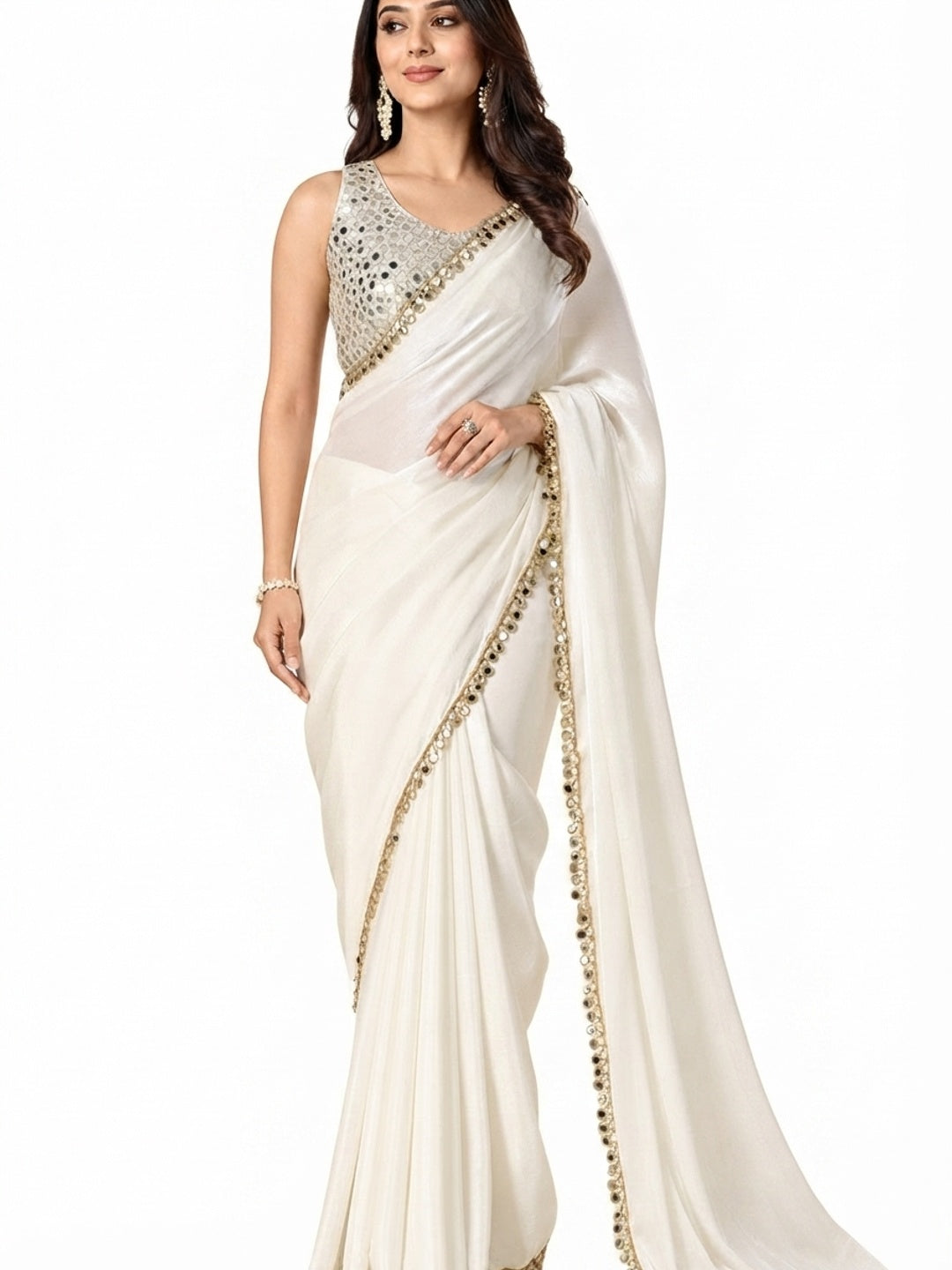 Peachmode Off White Fandy Satin Saree with Mirror Work Blouse - Image 4
