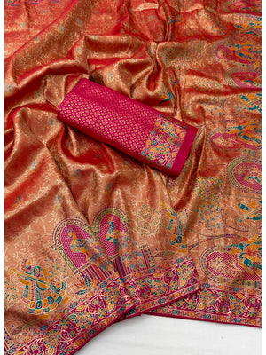 Peachmode Rust Kanjivaram Silk Woven Saree - Image 2