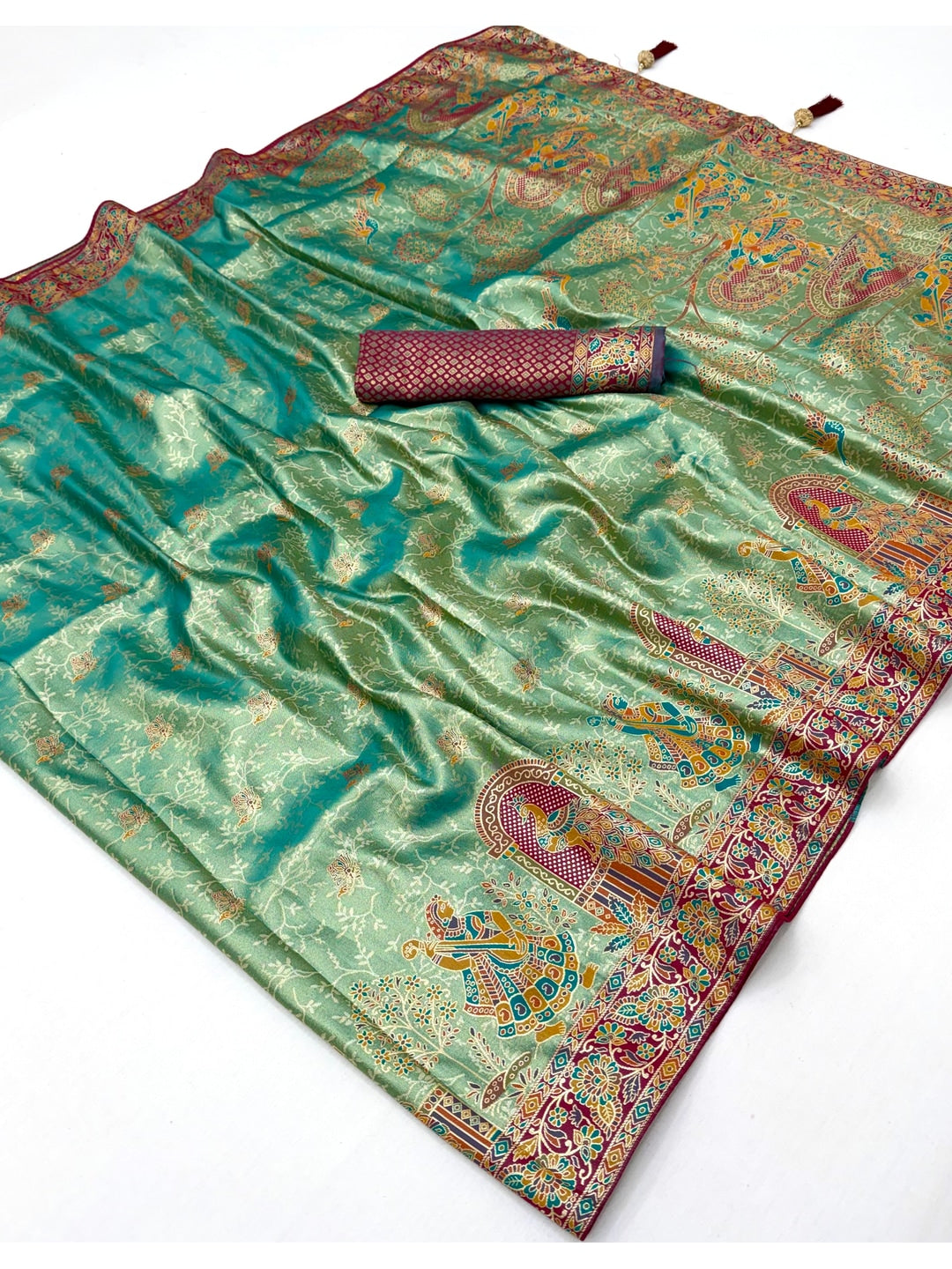 Peachmode Teal Kanjivaram Silk Woven Saree - Image 3