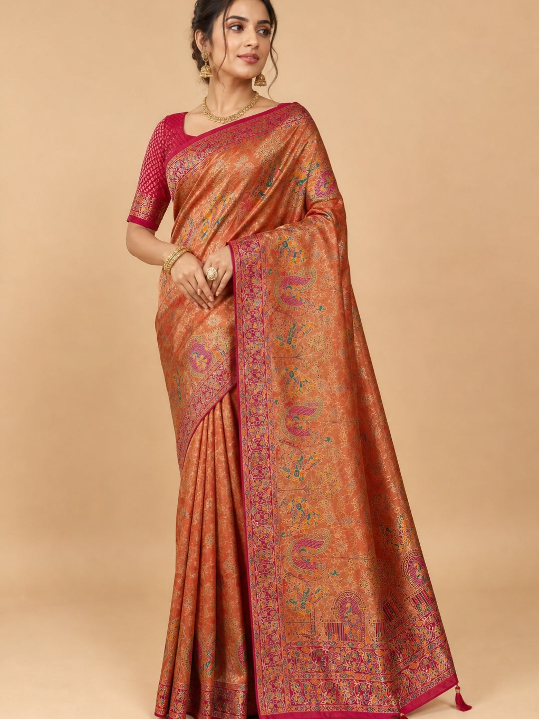 Peachmode Rust Kanjivaram Silk Woven Saree - Image 1