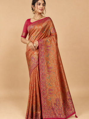Peachmode Rust Kanjivaram Silk Woven Saree - Image 1