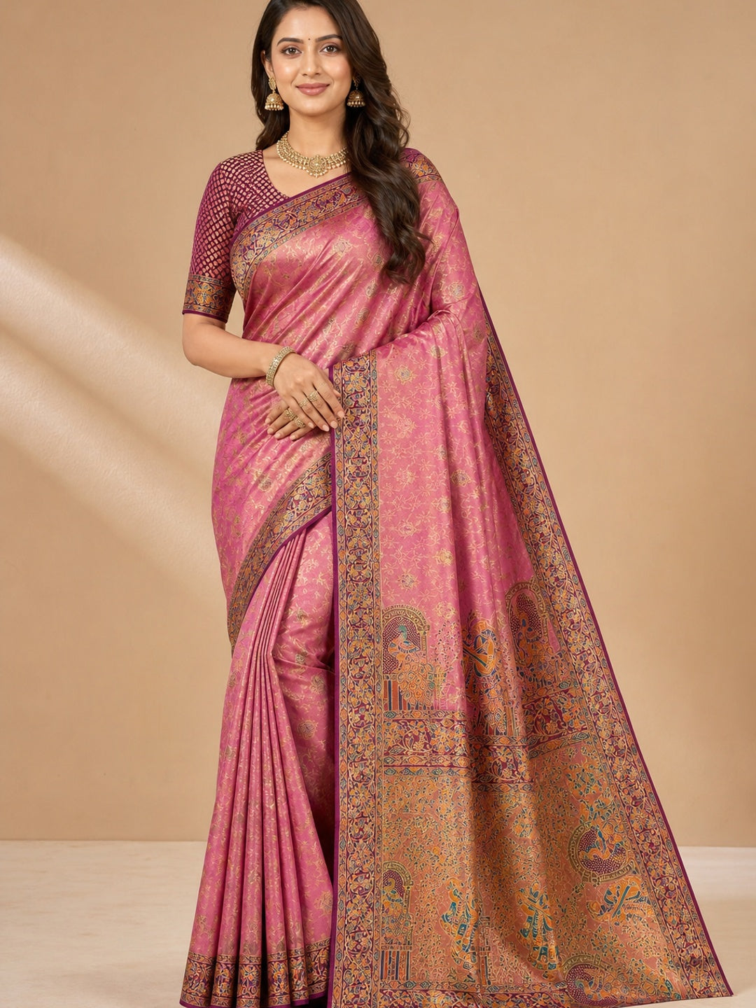 Peachmode Pink Kanjivaram Silk Woven Saree - Image 1
