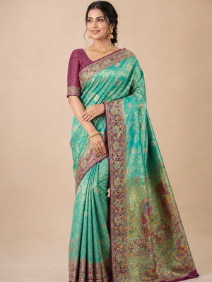 Peachmode Teal Kanjivaram Silk Woven Saree - Image 1