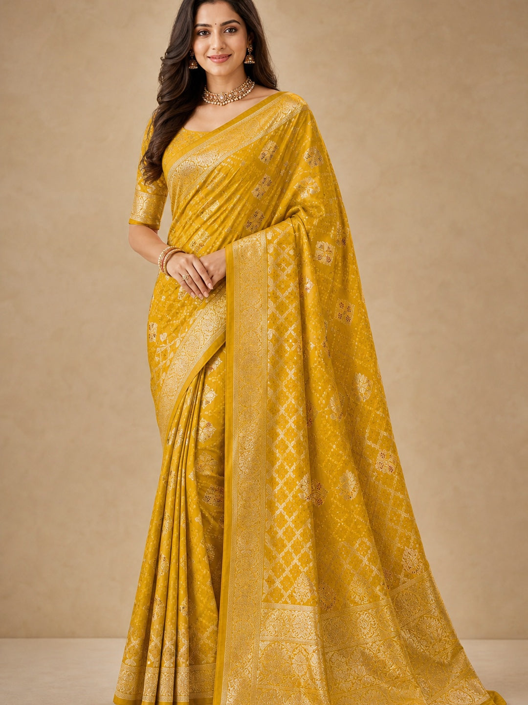 Peachmode Mustard Dola Silk Woven Saree - Image 1