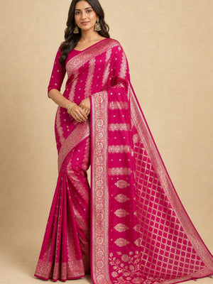 Peachmode Pink Dola Silk Woven Saree - Image 1