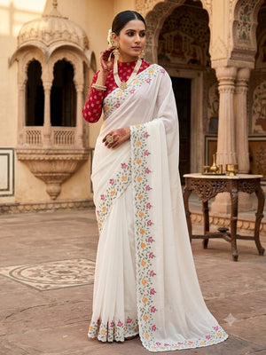 Peachmode Cream Georgette Sequins Embroidered Aatish Saree - Image 1