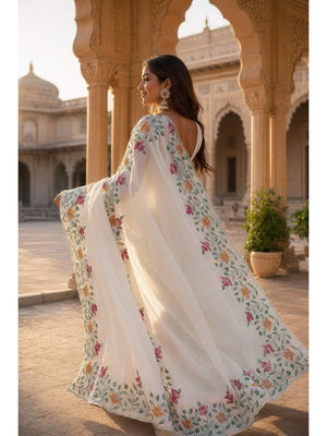 Peachmode Cream Georgette Sequins Embroidered Aatish Saree - Image 2