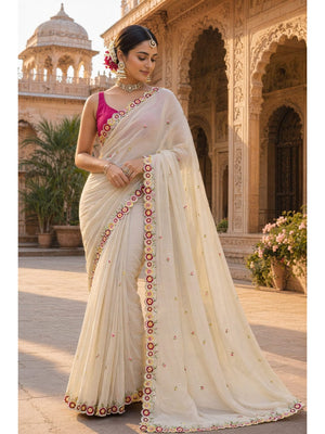 Peachmode Cream Georgette Embroidered Kastur Saree - Image 1