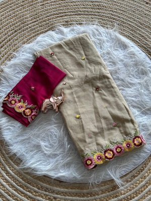 Peachmode Cream Georgette Embroidered Kastur Saree - Image 2