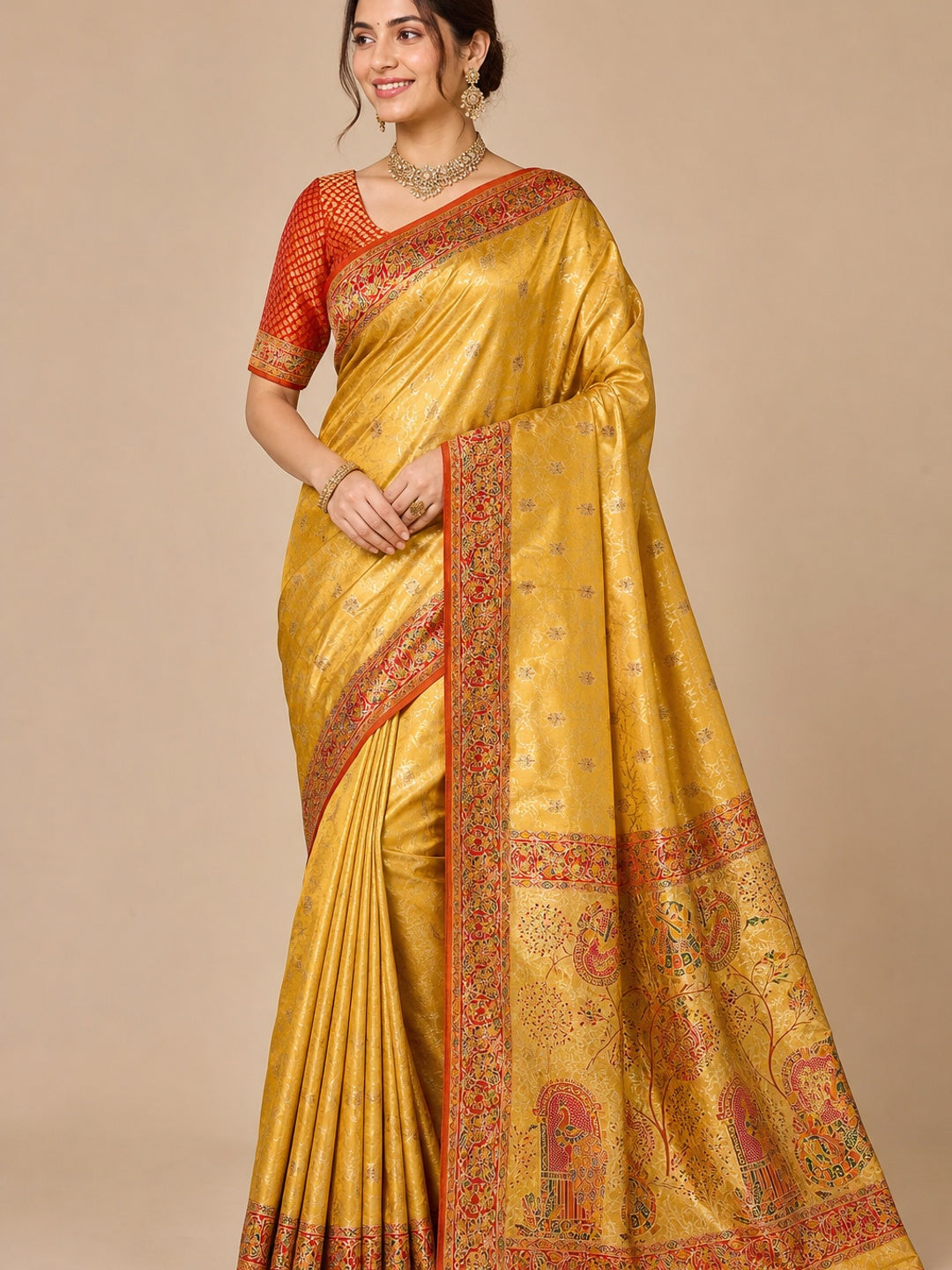 Peachmode Gold Kanjivaram Silk Woven Saree - Image 1