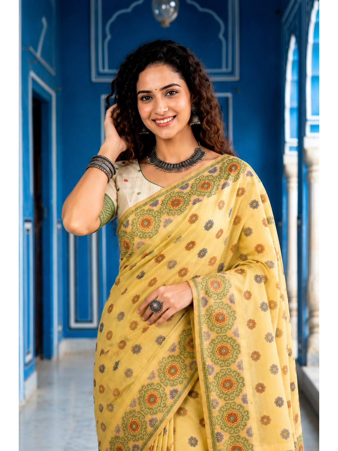 Peachmode Mustard Cotton Blend Aananya Saree - Image 2
